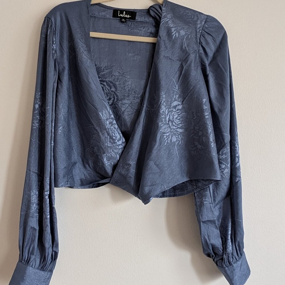 Blue Satin Jacquard Tie-Front Crop Top - Picture 4 of 6